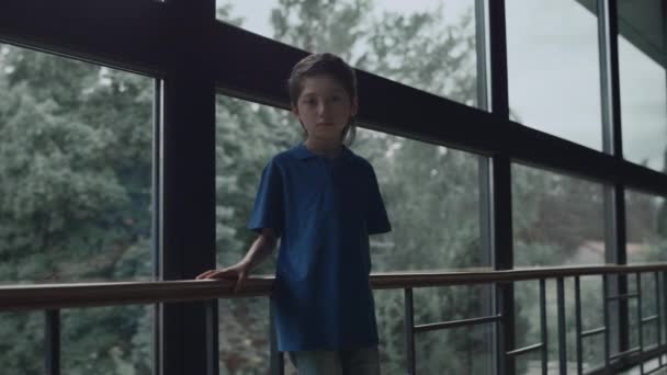 Upset Preteen Schoolboy Posing Alone Panorama Window School Hall Depressed — Stock Video