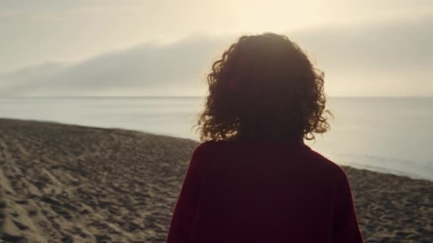 Вид Сзади Элегантная Женщина Идущая Океанскому Пляжу Свободная Девушка Проводит — стоковое видео
