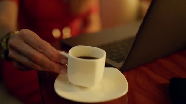 Closeup Blonde Drinking Coffee Airplane Trip Closeup Elegant Lady Enjoying — Stock Video