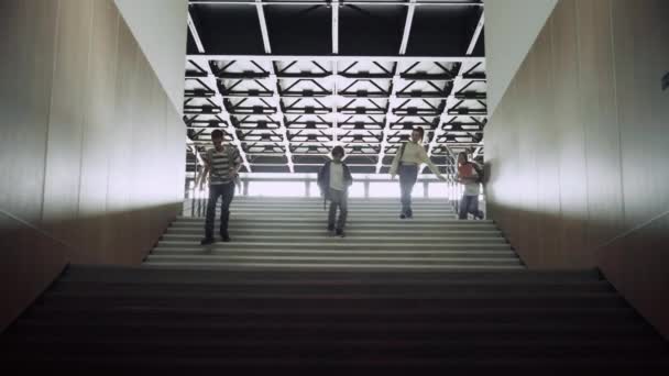Diversos Estudantes Correndo Escada Abaixo Com Mochilas Alunos Felizes Deixam — Vídeo de Stock