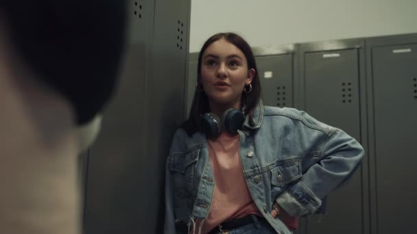 Attractive Student Girl Flirting Classmate Standing Lockers School Corridor Close — Stock Video © stockbusters #575643732