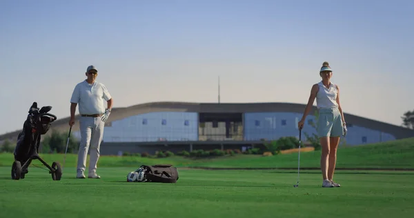 Luxury Golfers Enjoy Play Fairway Outdoors Sport Group Stand Green — Stock fotografie