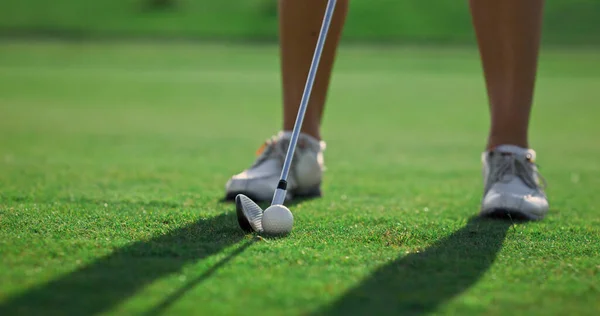 Sağlıklı Sporcu Kadın Yeşil Sahada Golf Oynar Golfçü Topa Yakından — Stok fotoğraf