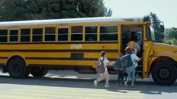 Energiczni Nastolatkowie Pędzący Żółtego Autobusu Szkolnego Szczęśliwych Uczniów Wsiadających Publicznego — Wideo stockowe