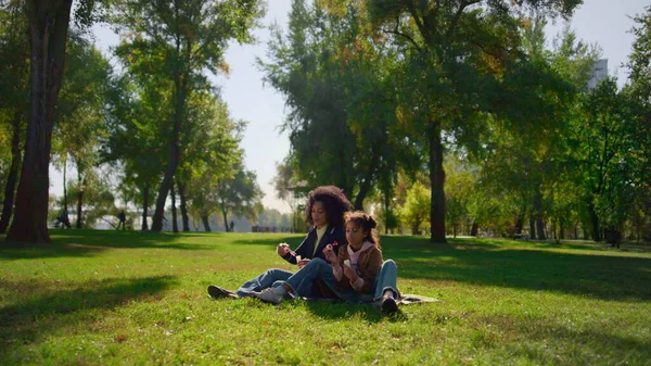 Счастливая Мать Надувает Мыльные Пузыри Сидя Одеяле Солнечном Парке Привлекательная — стоковое фото