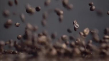 Kavrulmuş kahve çekirdekleri masaya dökülüyor. Sabah içkisi için kahverengi aromatik tohumlar dökülüyor. Gurme kafein taneleri enerjik içecek için mükemmel görünüyor. Kaliteli kahve hasadı.