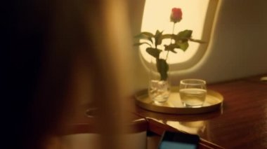 Bayan eller lüks iş seyahatinde akıllı telefon çizelgelerini kontrol ediyor. Bilinmeyen kadın yolcu şirketinin CEO 'su cep telefonu ekranına dokunuyor. Lüks uçak kullanan orta yaşlı bir kadın.