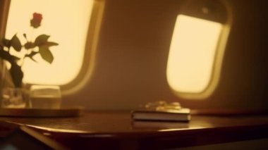 Yönetici, uçaklardaki tablet ekranlara dokunuyor. Yakın el dijital pedi tutar. Özel jetin satış istatistik verilerini analiz eden tanınmamış yönetici yolcu. Zengin kadın iş seyahatinde.