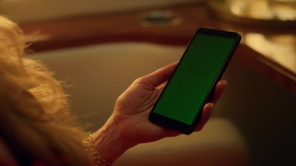 閉鎖手は緑の画面電話を保持します 高級ジェットでモックアップ装置を使う中年女性 クロマキースマートフォンに関する認識されていないブロンドのチェック会社のレポート 出張で働く実業家 — ストック動画