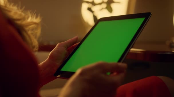 Airplane Passenger Holding Tablet Mockup Hands Closeup Woman Browsing Web — Stock Video