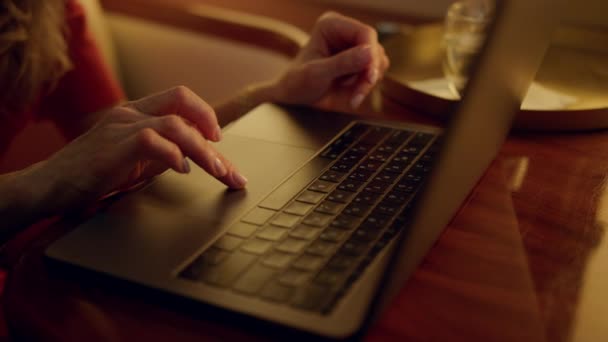 Gericht Zakenvrouw Werk Laptop Bij Vliegtuig Raam Handen Het Touchpad — Stockvideo