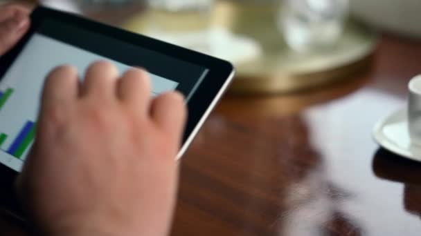 Girişimci Elleri Seyahatinde Tablet Kontrol Finans Grafikleri Kullanıyor Tanınmayan Analist — Stok video