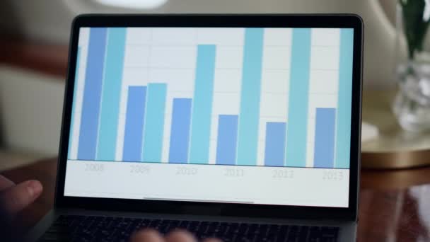 Posuvné Grafy Obrazovky Notebooku Detailně Správce Ručně Zadává Analýzu Firemní — Stock video