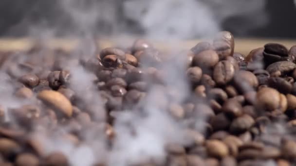 香浓的咖啡豆以超慢的速度烘烤着 在烤面包机上关闭棕色芳香种子 热咖啡颗粒上冒出轻蒸汽 能量饮料的完美配料 可随时研磨 — 图库视频影像