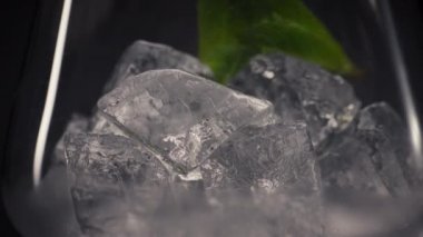 Buzlu naneli mojito kokteyli hazırlanıyor. Bitki yaprağı garnitürü buz kalıpları ve makro siyah arka planla soğuk şarap bardağına düşer. Yaz malzemesi konseptiyle parti içeceği yapmak