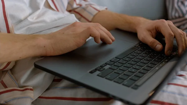 Closeup Man Using Touchpad Home Office Unknown Manager Working Pajamas — Stock Photo, Image