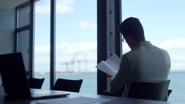 Liman Manzarasında Doküman Okuyan Bir Adam Panorama Penceresindeki Yönetici Kontrol — Stok video