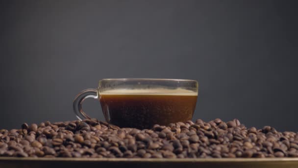 Kokulu Kahve Damlaları Tam Espresso Bardağına Dökülüyor Aromatik Tohumların Üzerinde — Stok video
