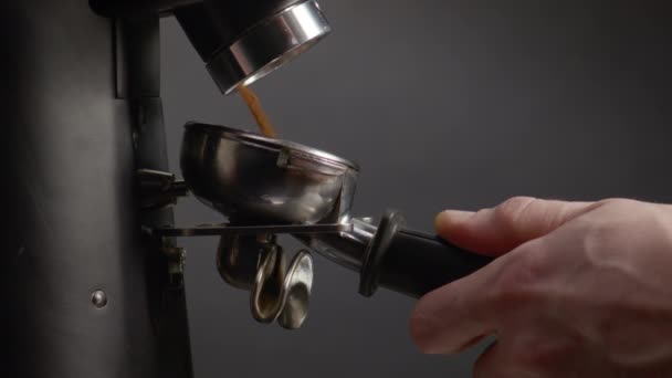 Ground Coffee Pouring Portafilter Coffeemaker Closeup Unknown Barista Hand Holding — Stockvideo