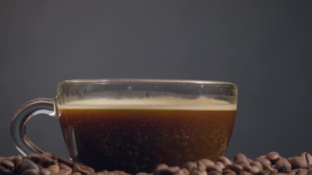 Kavrulmuş Kahverengi Fasulye Yığınında Yakın Plan Aromalı Kahve Köpüklü Yüzeye — Stok video