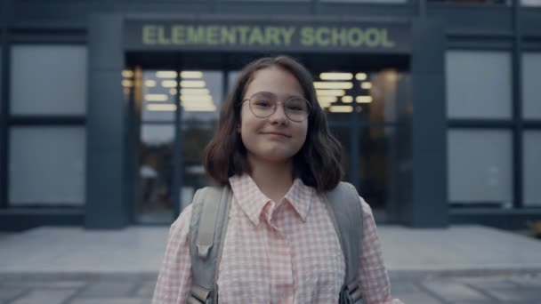 Portrait Happy Smiling Girl Standing School Entrance Joyful Pupil Wearing — Stock Video