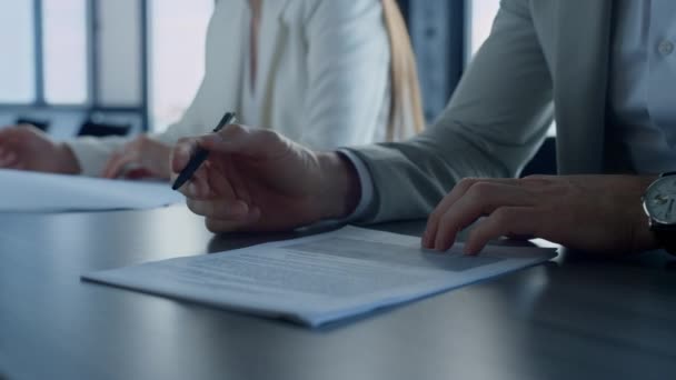 Hand Holding Pen Checking Document Closeup Employee Reading Contract Details — Stock Video