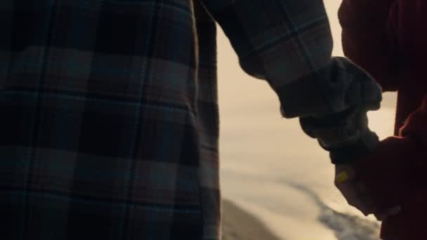 Unrecognizable Couple Walking Ocean Beach Sunset Closeup Woman Man Holding — Stock Video