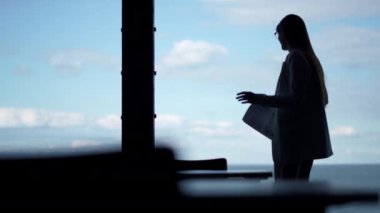 Happy silhouette dancing office alone. Businesswoman celebrate contract success at panorama window. Unrecognized manager cheerful student get first job. Joyful divorced woman ceo relax after hard day.