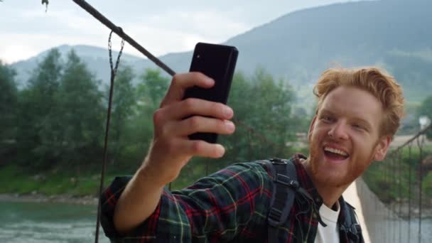 Smiling Tourist Take Selfie Photo Smartphone Energetic Hiker Posing Cell — Stok video