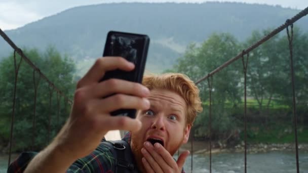 Scared Blogger Taking Selfie River Bridge Closeup Red Hair Traveler — ストック動画