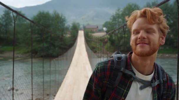 Positive Traveler Hiking Mountains Outdoors River Bridge Portrait Happy Redhead — 비디오