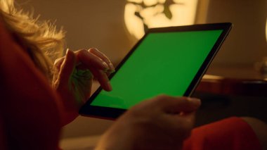 Yolcu özel jette yeşil tablet kullanıyor. Eller kroma tuş takımını yakın çekim için kaydırır. Tanımlanamayan iş kadını yöneticisi şirket raporlarını kontrol ediyor. Uçakta internetten alışveriş yapan kadınlar.