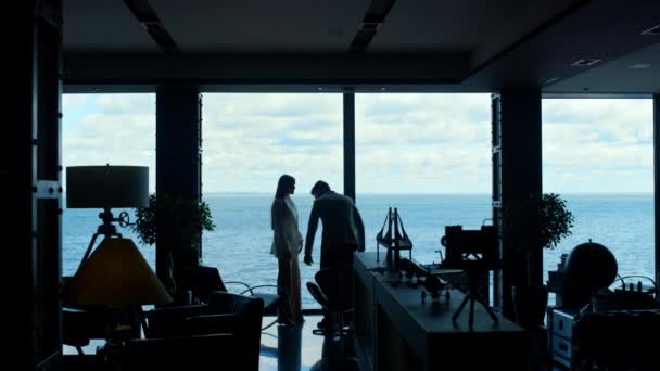 Partners Silhouettes Working Panorama Window Unknown Focused Colleagues Sitting Luxury — ストック動画