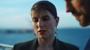 Confident woman professional talking business partner closeup. Elegant lady work meeting unknown investor client in sunlight sea view. Stylish beautiful lawyer manager discuss legal contract with ceo.