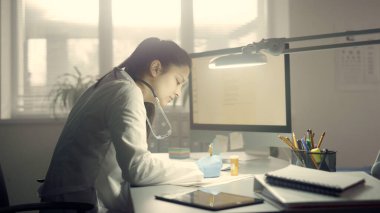 Klinikteki aşı aşısından sonra yaşlı hastalara danışan melez bir kadın doktor. Genç bir doktor, modern hastanedeki olgun bir adamın sağlık şikâyetlerine dikkat çekiyor. Sağlık hizmetleri kavramı.