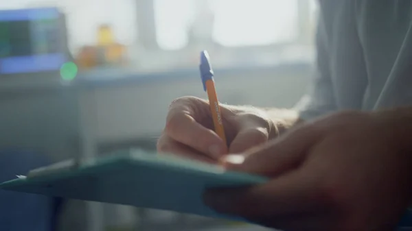 Unknown Doctor Hands Holding Pen Filling Patient Registration Form Clipboard — Fotografia de Stock