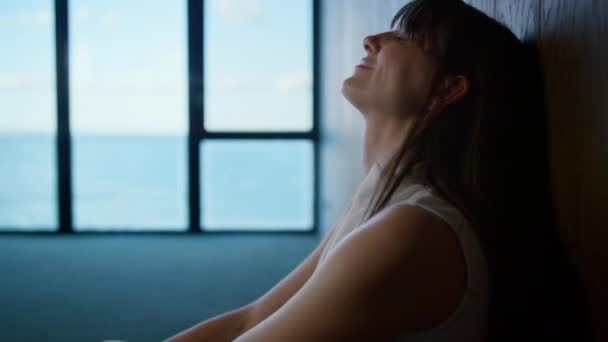 Sad Woman Lean Wall Resting Closeup Stressed Employee Look Window — Video