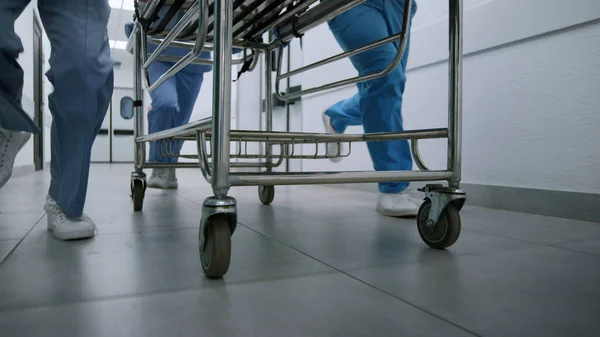 Medics Legs Running Hospital Corridor Rolling Gurney Emergency Room Close — Stock Photo, Image