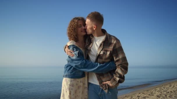 Cheerful Young Couple Dating Beautiful Sea Coast Handsome Man Kissing — Video