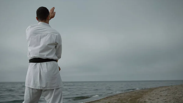 难以辨认的运动员在多云的白天训练沙滩上的空手道位置 后视镜 强壮的男子在户外练习武术 看起来美丽的水景 健康健康的生活方式 — 图库照片
