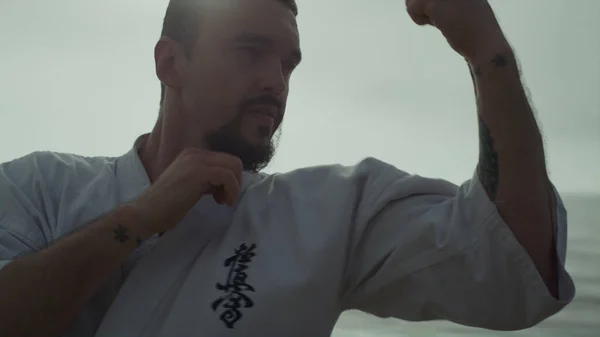 Focused Athlete Practicing Powerful Karate Punches Sunset Outdoor Close Bearded — 스톡 사진