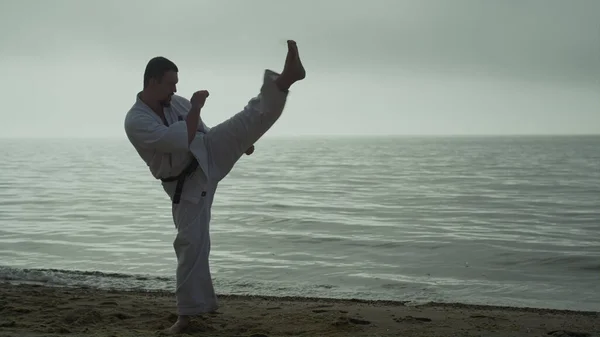 Bearded Sportsman Practicing Attacks Training Taekwondo Sunset Outdoors Karate Man — 스톡 사진
