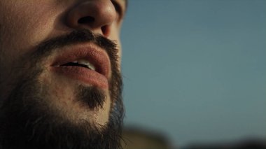 Sporcu güneşli doğa üzerinde nefes egzersizleri yapıyor. Yaklaş. Vahşi sakallı adam suratı ileriye bakıyor ve güzel manzaranın tadını çıkarıyor. Avrupalı sporcu yaz günü dışarıda meditasyon yapıyor. Rahatla konsept