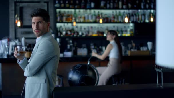 Ceo Man Director Drinking Whiskey Bar Rich Businessman Thinking Watching — 图库视频影像