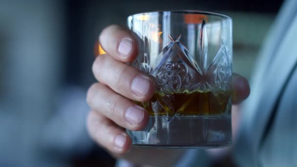 Businessman Hands Drinking Whiskey Restaurant Closeup Unrecognizable Gentleman Tasting Beverage — Stockvideo