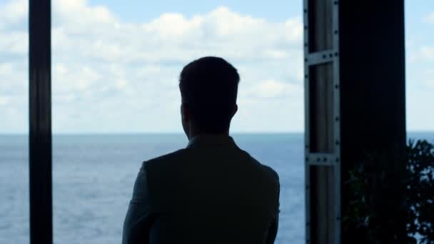 Leader Man Silhouette Thinking Sea Panorama Window Confident Corporate Professional — Video