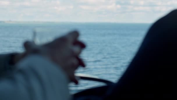 Businessman Hands Holding Whiskey Ocean Window View Closeup Unknown Boss — Αρχείο Βίντεο