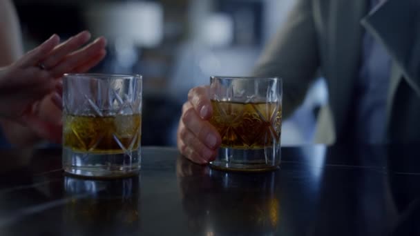 Newlyweds Couple Hands Drinking Whiskey Closeup Unknown Lovers Celebrating Anniversary — Stock Video