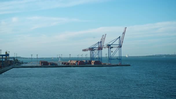 Industrial Seaport Cranes View Still Morning Waterway Logistic Facility Dock — Vídeos de Stock