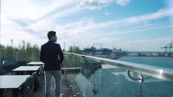 Attractive Guy Looking Sea Glass Terrace Successful Freelancer Enjoy Resting — Wideo stockowe